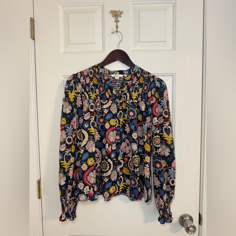 Boden Smocked Yoke Blouse size 6 cotton floral button up cinched cropped